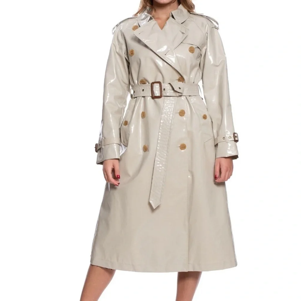Burberry Beige Patent Double-Breasted Trench Coat - Picture 4 of 14